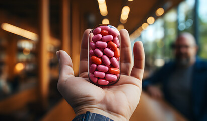 Hand Holding a Bottle of Medications - Health, Medicine, Care, and Prevention Concept Healing Power: Tablets and Capsules, Medical Marvels, Pharmaceutical Wonder - obrazy, fototapety, plakaty