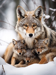 Obraz premium A Photo of a Coyote and Her Babies in a Winter Setting