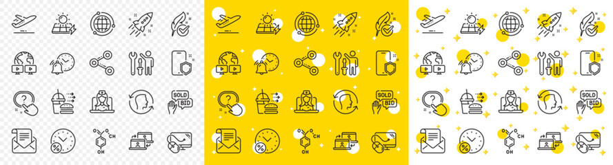 Outline Question button, Globe and Computer mouse line icons pack for web with Plane, Startup rocket, Outsource work line icon. Face id, Hypoallergenic tested, Telemedicine pictogram icon. Vector