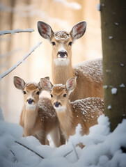 A Photo of a Deer and Her Babies in a Winter Setting