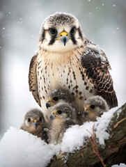Obraz premium A Photo of a Falcon and Her Babies in a Winter Setting