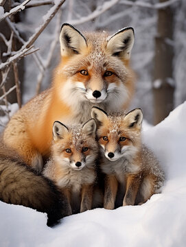 A Photo of a Fox and Her Babies in a Winter Setting