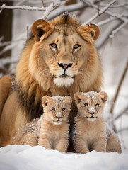 A Photo of a Lion and Her Babies in a Winter Setting