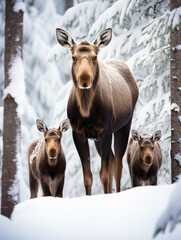 Naklejka na ściany i meble A Photo of a Moose and Her Babies in a Winter Setting