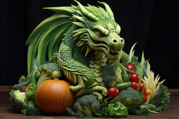 Chinese green dragon statue with vegetables carving.Dining art.Chinese New Year. Symbol of New Year 2024. World Vegetarian Day. Vegan Day. Meat-free days.Fine dining decor.