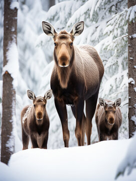 A Photo of a Moose and Her Babies in a Winter Setting