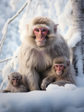 A Photo of a Monkey and Her Babies in a Winter Setting