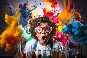Surprised Child Boy Observing Colorful Chemical Reaction - Powered by Adobe