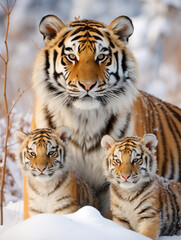 A Photo of a Tiger and Her Babies in a Winter Setting