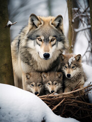 A Photo of a Wolf and Her Babies in a Winter Setting