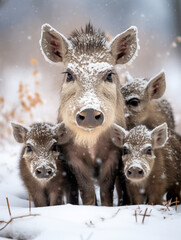 A Photo of a Warthog and Her Babies in a Winter Setting