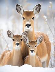 A Photo of an Antelope and Her Babies in a Winter Setting