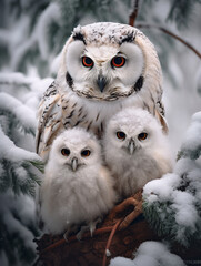 Obraz premium A Photo of an Owl and Her Babies in a Winter Setting