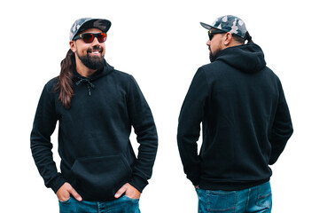 portrait of handsome hipster man with beard wearing black blank hoodie or sweatshirt with space for...
