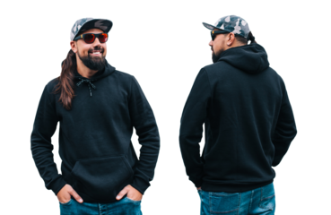 portrait of handsome hipster man with beard wearing black blank hoodie or sweatshirt with space for your logo or design. Front and back view mockup of black hoodie