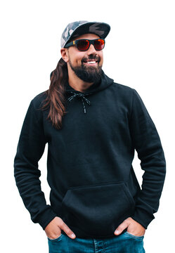 portrait of handsome hipster man with beard wearing black blank hoodie with space for your logo or design. Mockup for print