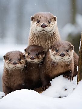 A Photo of an Otter and Her Babies in a Winter Setting