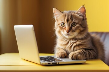 serious cat working at a laptop on a yellow background, surprise