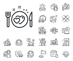 Valentines day food sign. Plane jet, travel map and baggage claim outline icons. Romantic dinner line icon. Couple relationships symbol. Romantic dinner line sign. Vector
