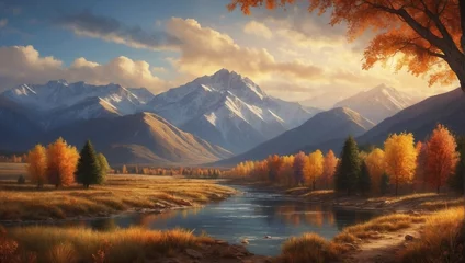 Fotobehang Autumn river in a colorful forest with snow-capped mountains in the background. Generative AI. © CZALBERTO