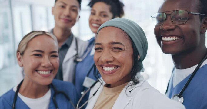 Doctors, friends and selfie in hospital for team building, solidarity or diversity for social media post. Doctor, group and teamwork with black man, women and peace for comic smile, happy and support
