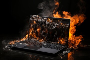 Dramatic Laptop on Fire with Thick Dark Grey Smoke - Realistic and Striking Image