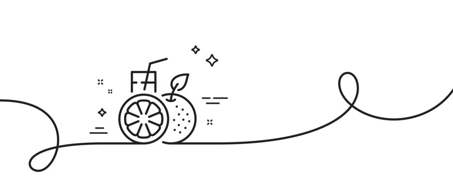 Orange juice line icon. Continuous one line with curl. Fresh drink sign. Fruit beverage symbol. Orange juice single outline ribbon. Loop curve pattern. Vector