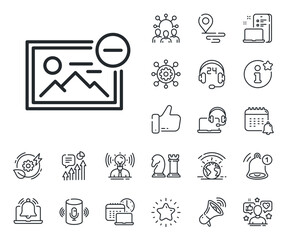 Photo thumbnail sign. Place location, technology and smart speaker outline icons. Remove image line icon. Picture placeholder symbol. Remove image line sign. Influencer, brand ambassador icon. Vector