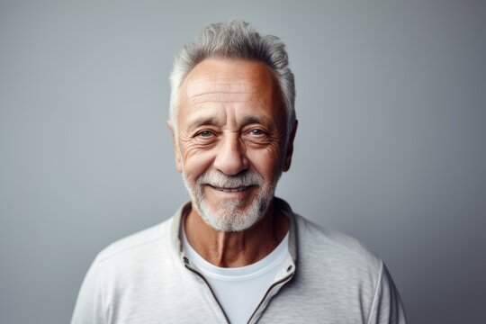 Handsome senior man looking at camera and smiling while standing against grey background