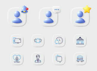 Messenger, Circus tent and Food delivery line icons. Placeholder with 3d star, reminder bell, chat. Pack of Local grown, Star, Update time icon. Computer, Businessman person pictogram. Vector