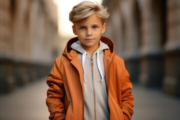 Portrait of a boy in an orange jacket on the street.