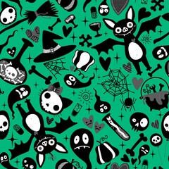 Obraz premium Halloween cartoon doodle seamless bat and cat and ghost and skulls pattern for wrapping paper and fabrics