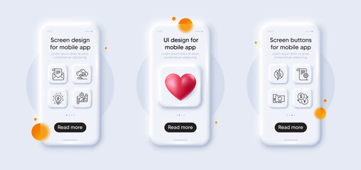 Currency exchange, Mail newsletter and Co2 gas line icons pack. 3d phone mockups with heart. Glass smartphone screen. Antistatic, Technical documentation, Map web icon. Vector