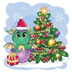 A cute cartoon green dragon in a Santa hat holds a red gift and sits next to the Christmas tree. 2024 new year