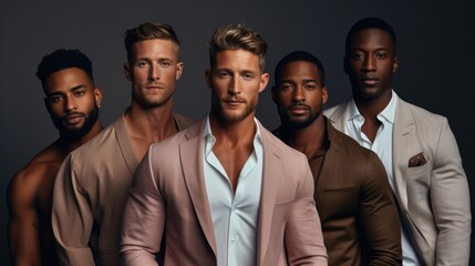 group of young men fashion models posing. different ethnic group