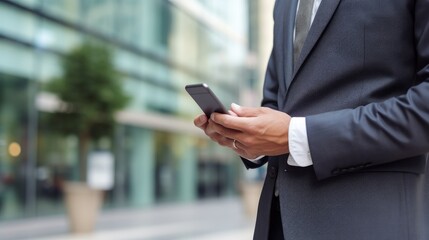 close-up of unrecognizable businessman in suit looking at mobile phone. copy space