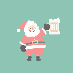 merry christmas and happy new year with cute santa claus drinking alcohol beer in the winter season green background, flat vector illustration cartoon character costume design