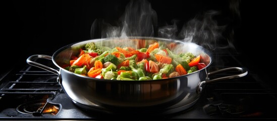 A simmering assortment of vegetables within a gleaming silver cooking vessel