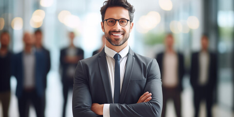 Portrait of businessman team leader, blurred group of business people on background. Male ceo smiling and looking at camera. Leadership concept