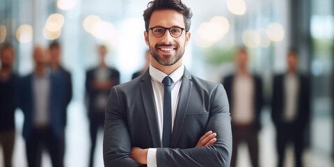 Fototapeta premium Portrait of businessman team leader, blurred group of business people on background. Male ceo smiling and looking at camera. Leadership concept