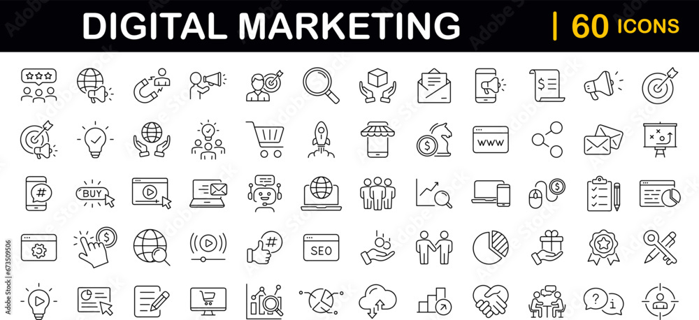 Wall mural digital marketing set of web icons in line style. marketing icons for web and mobile app. communicat
