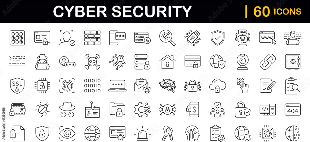 Poster Cyber security set of web icons in line style. Internet protection icons for web and mobile app. Data protection, network, technology, password, key, shield, lock, password, eye access, spam, hacker