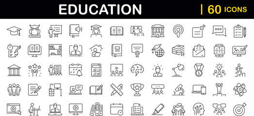 Education set of web icons in line style. Learning icons for web and mobile app. E-learning, video tutorial, knowledge, study, school, university, webinar, online education. Vector illustration - obrazy, fototapety, plakaty