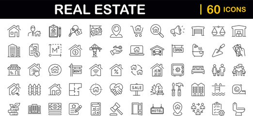 Real Estate set of web icons in line style. Realty icons for web and mobile app. Purchase and sale of housing, property, rental premises, insurance, realty, home loan, mortgage and more - obrazy, fototapety, plakaty