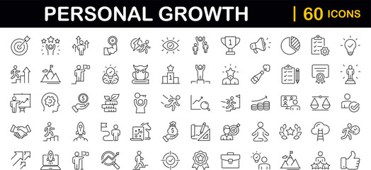 Personal growth and success set of web icons in line style. Growth andsuccess icons for web and mobile app. Growth profit, career progress, business people, strategy, coaching, tutorship, success - obrazy, fototapety, plakaty