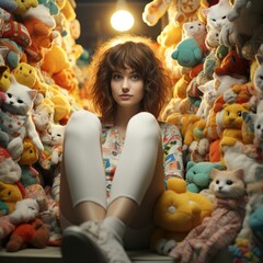 Girl surrounded with Stuffed Animals