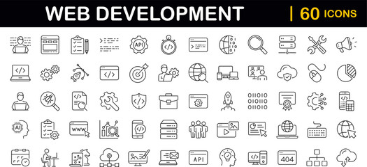 Web development set of web icons in line style. Developer icons for web and mobile app. Code, api, programmer coding, app, flow, node connect, web coder, bug fix and more. Vector illustration - obrazy, fototapety, plakaty