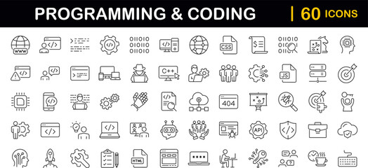 Programming coding set of web icons in line style. Software development icons for web and mobile app. Code, api, programmer, developer, information technology, coder and more. Vector illustration - obrazy, fototapety, plakaty
