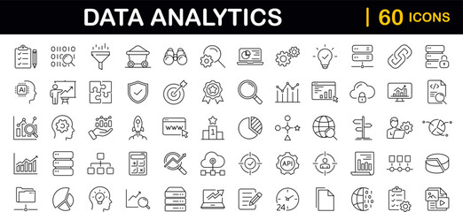 Data analytics set of web icons in line style. Data analysis icons for web and mobile app. Data processing, statistics, database, analytics, monitoring, computing, AI, hosting, monitoring, server - obrazy, fototapety, plakaty