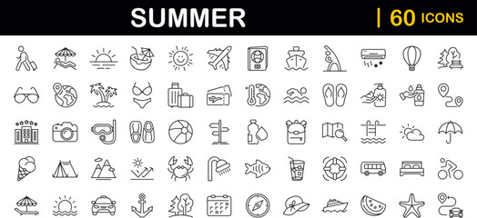 Summer set of web icons in line style. Summer vacation icons for web and mobile app. Travel, beach, tourism, summer holidays, hotel, relax, beach, luggage, passport, sunglasses. Vector illustration - obrazy, fototapety, plakaty